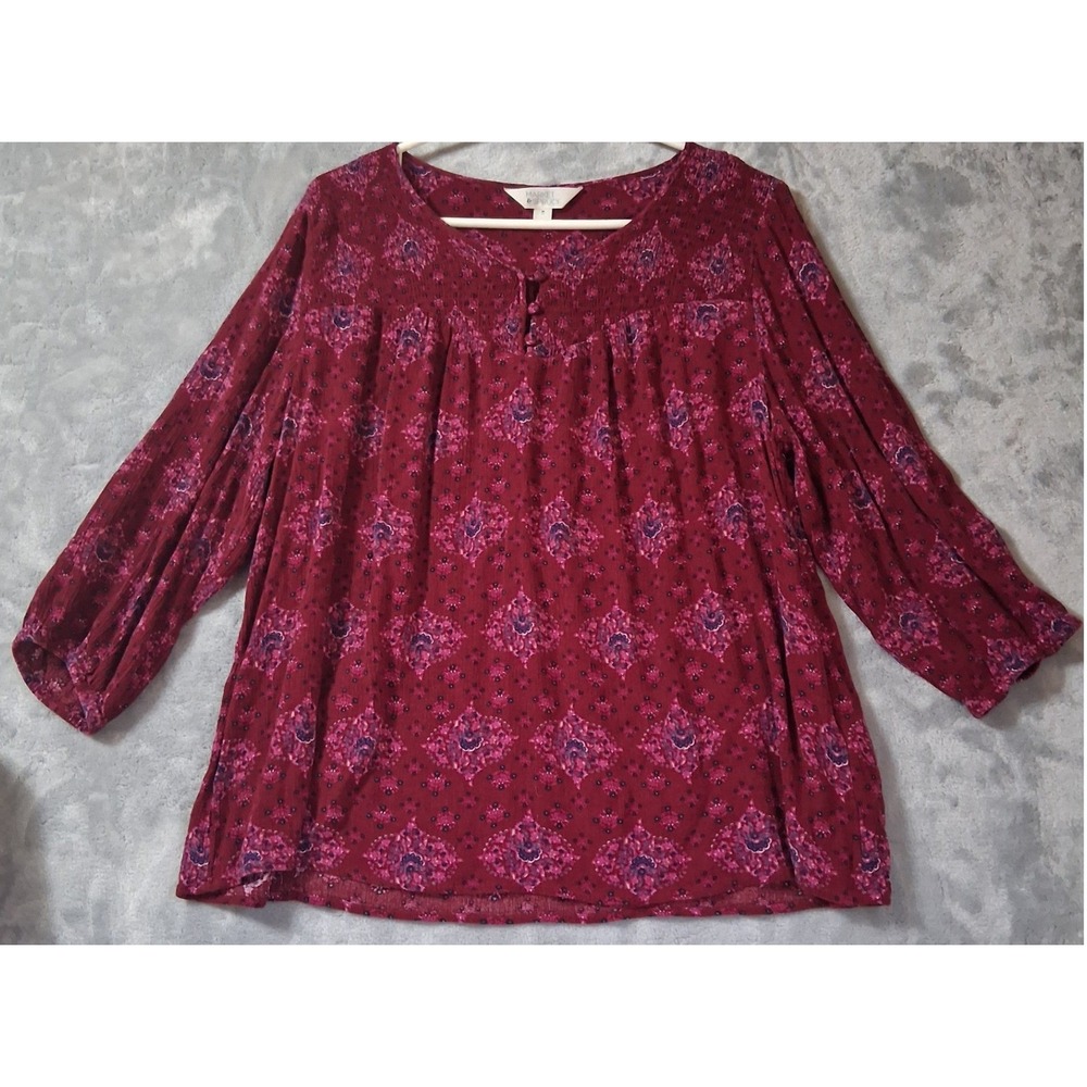 Market & Spruce Burgundy Boho Medallion Peasant Blouse Plus Size 2X